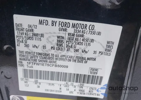 2012 Ford F-150 Fx4 from USA, damaged, VIN 1FTFW1ET5CFB50009